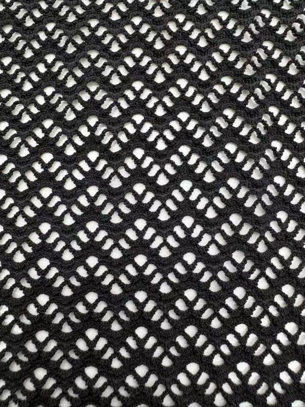 Close-up of black crochet lace fabric with intricate pattern, ideal for fashion and apparel design.