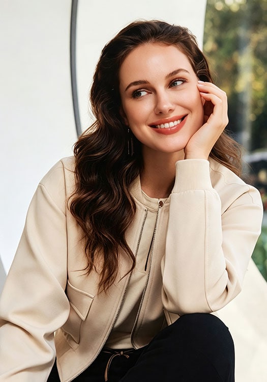 Portrait of a smiling woman with wavy brown hair, wearing a beige jacket, sitting indoors near a window with a blurred outdoor background.