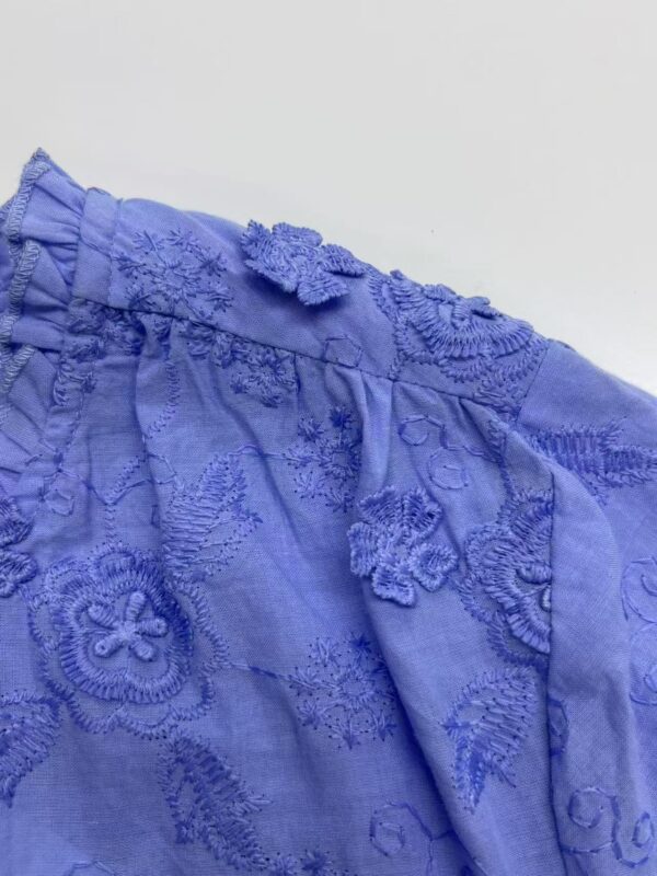 Close-up of a blue embroidered dress showcasing intricate floral and leaf patterns with textured embroidery work.
