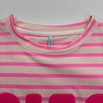 Close-up of a pink and beige striped women's T-shirt with a round neckline, showcasing casual fashion suitable for everyday wear.