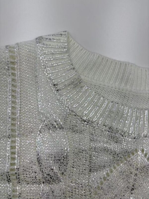 Close-up of a silver sequin top with intricate detailing, perfect for stylish occasions and evening wear.