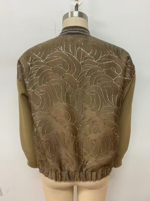 Stylish gold and brown embroidered jacket with intricate wave patterns, perfect for fashionable occasions and evening wear.