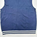 Blue sleeveless sweater vest with white striped collar and hem, suitable for children, made of soft knit fabric, perfect for casual or school wear.