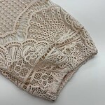 Close-up of intricate beige lace fabric with detailed embroidery and openwork patterns, ideal for fashion and textile projects.