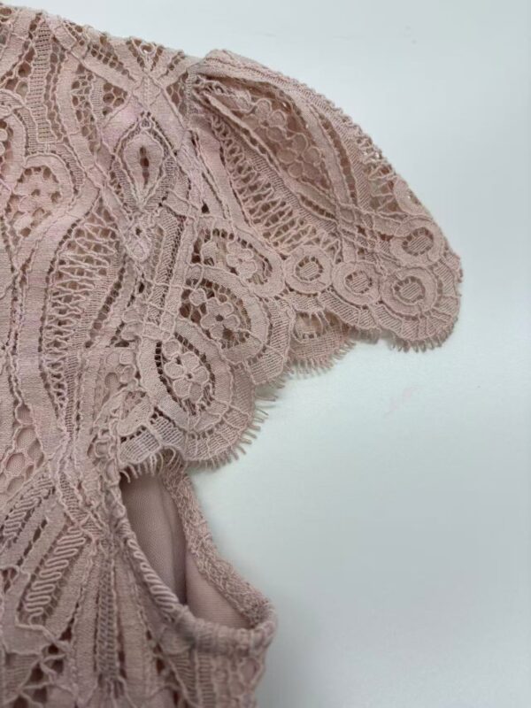 Close-up of a pink lace dress showcasing intricate embroidery and delicate fabric, perfect for fashion and special occasions.