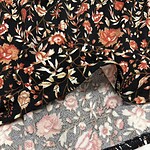 Close-up of floral patterned fabric with black background and colorful flowers, suitable for clothing or accessories.
