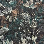 Close-up of tropical leaf pattern fabric featuring detailed white and beige leaves on a dark background, ideal for fashion and home decor.