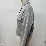 Elegant grey fringe jacket with shoulder flap and front pocket, perfect for casual or trendy outfits, displayed on a mannequin.