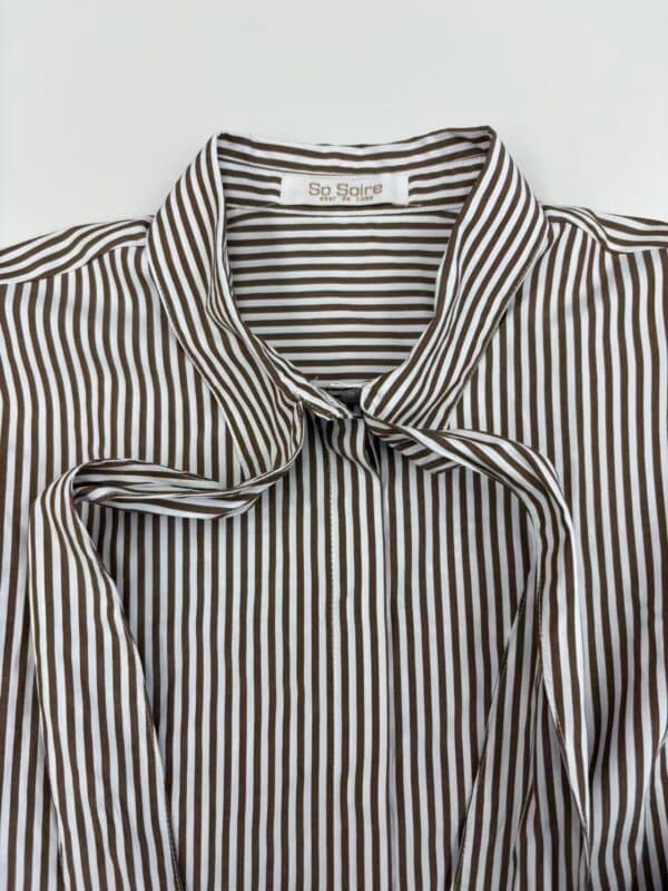 Close-up of a stylish brown and white vertically striped women's shirt with a collar, perfect for casual or office wear.