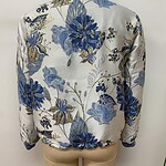 Women's satin bomber jacket with blue floral pattern, stylish and lightweight, perfect for spring and summer wear.