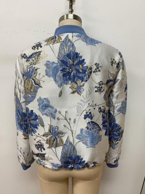 Women's satin bomber jacket with blue floral pattern, stylish and lightweight, perfect for spring and summer wear.