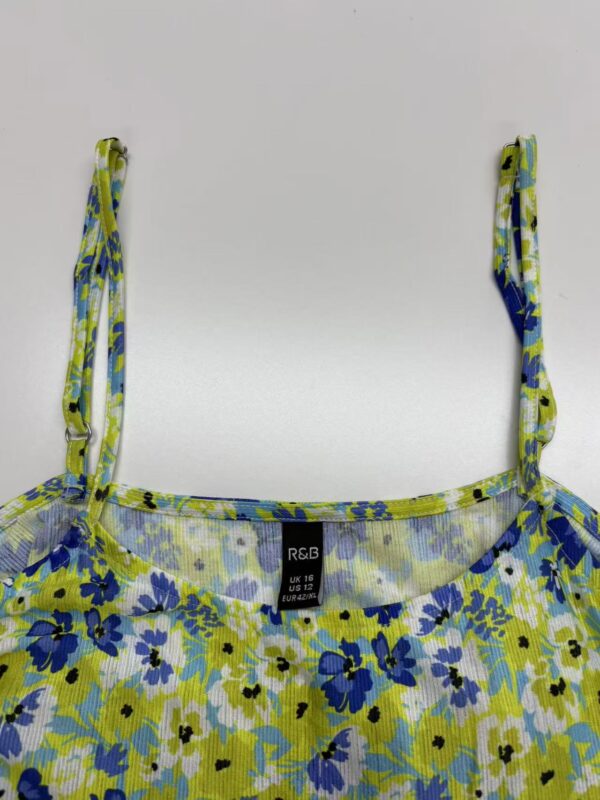 Colorful floral summer dress with adjustable shoulder straps, featuring a vibrant pattern of blue, yellow, and green flowers on lightweight fabric.