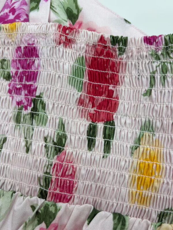 Close-up of a floral smocked dress with pink, red, yellow, and green flowers on a light background, showcasing detailed stitching and vibrant colors.