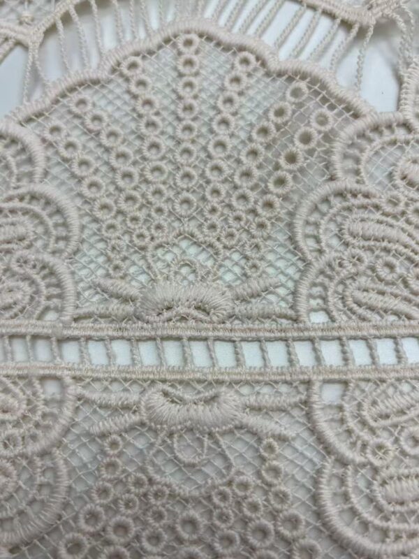 Close-up of intricate white lace fabric with detailed embroidery and patterns, ideal for fashion and textile projects.