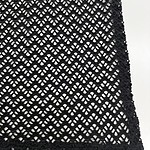 Close-up of black crochet lace fabric showcasing intricate openwork pattern, ideal for stylish clothing and accessories.