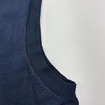 Detailed view of a navy blue knit sweater's neckline and fabric texture, showcasing high-quality craftsmanship and soft material.