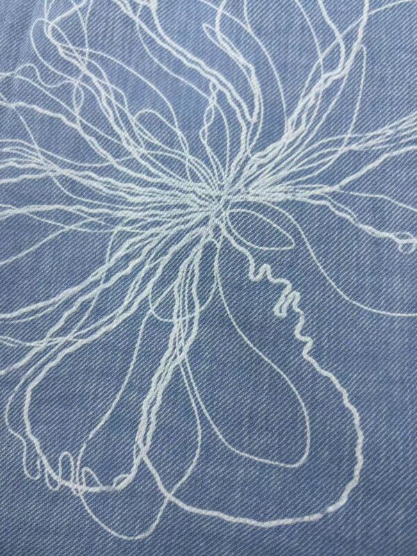 Close-up of blue fabric with intricate white embroidery forming a floral pattern, showcasing fine craftsmanship and detailed textile design.