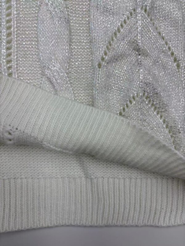 Close-up of white knit fabric with intricate patterns and textured details, showcasing high-quality craftsmanship and fine material suitable for fashion apparel.