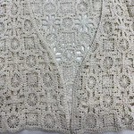 Close-up of a delicate, handcrafted crochet lace jacket in a soft cream color, showcasing intricate floral and geometric patterns, perfect for stylish summer wear.