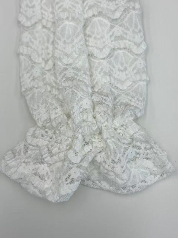 Close-up of a white lace dress with intricate floral patterns and ruffled details, perfect for special occasions or summer events.