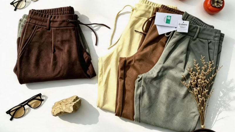 Set of stylish casual joggers in brown, beige, green, and cream colors with accessories on a white background.