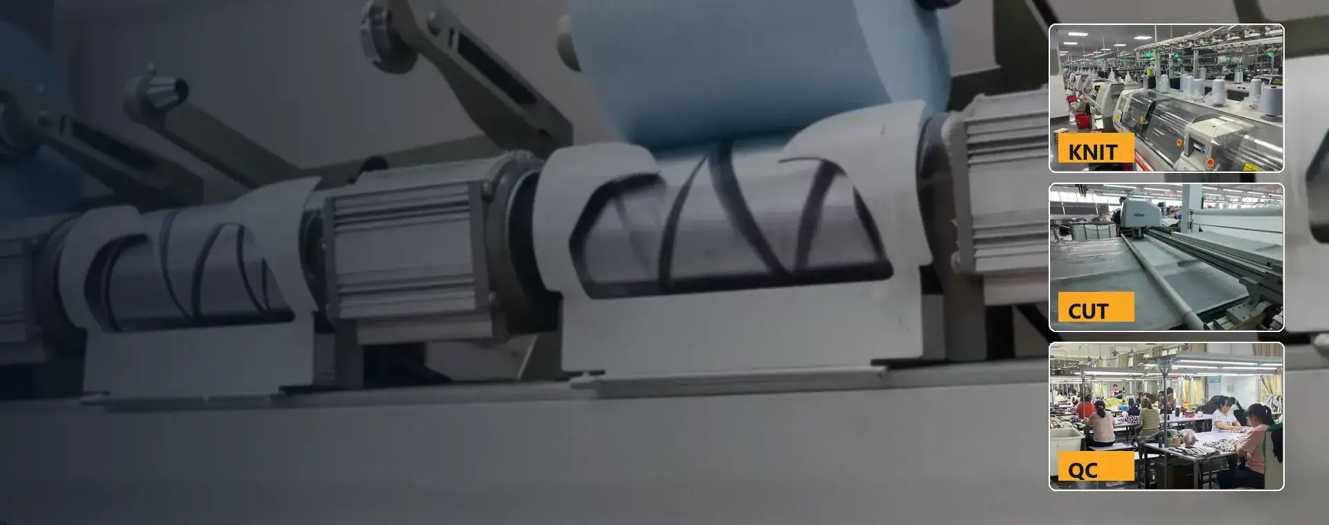 Industrial textile manufacturing machinery used for knitting, cutting, and quality control in a modern factory setting.